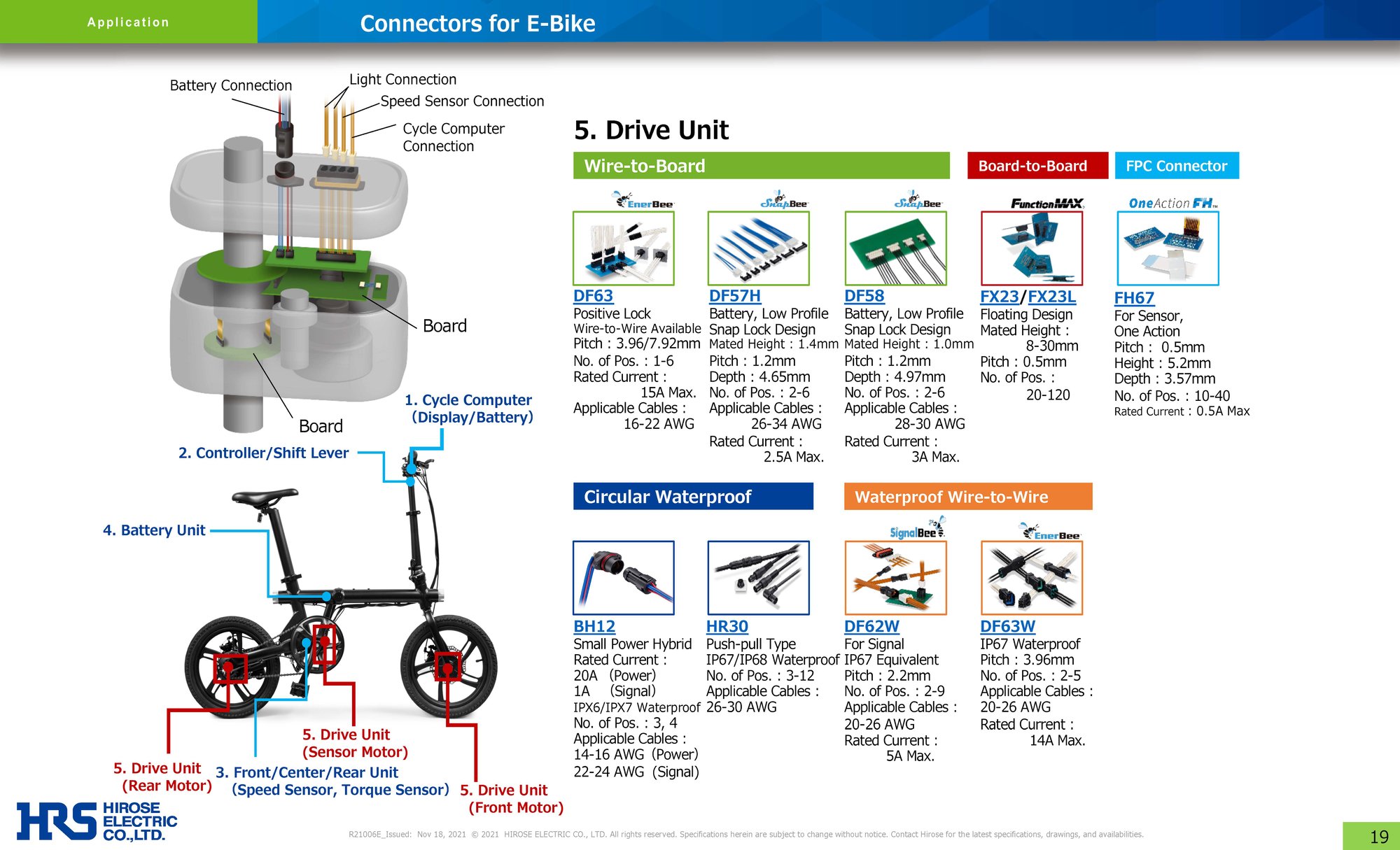 Blueprint showcasing the drive unit of an e-bike with specific connector points.