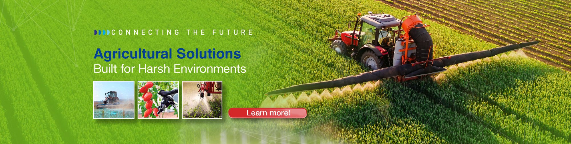 Agriculture — Rugged interconnects built for dust, vibration, and year-round field conditions.