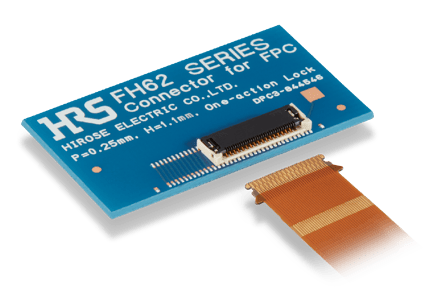 Product | Image of Hiroses FH62 connector, with a 0.25mm pitch and 1.1mm height, emphasizing its high FPC retention force for micro-mobility solutions. Product | Image of Hiroses FH62 connector, with a 0.25mm pitch and 1.1mm height, emphasizing its high FPC retention force for micro-mobility solutions.